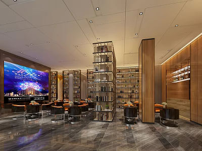Modern Sales Office Interior With Large Screen Bookshelves And Comfortable Seating 3d model