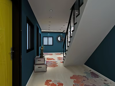 Hotel Corridor With Dark Blue Walls Yellow Door And Colorful Floral Patterned Floor 3d model