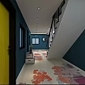 Hotel Corridor With Dark Blue Walls Yellow Door And Colorful Floral Patterned Floor