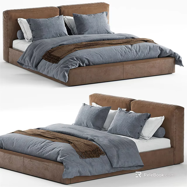 Modern Double Bed With Brown Upholstered Headboard Gray Bedding And Throw Pillows 3d model