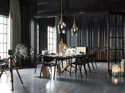 Modern Restaurant Interior With Black Walls Windows Pendant Lights Dining Table Chairs Branches And Candles 3d model