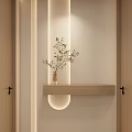 Modern Bathroom With Wooden Double Doors Recessed Niche Green Plant And Warm Lighting