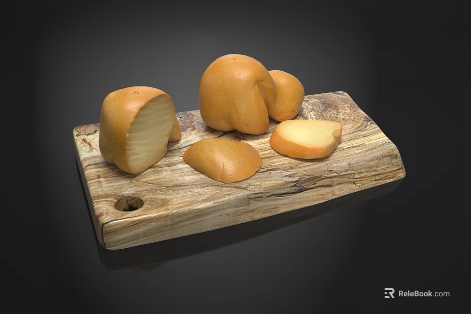 Delicious Fresh Cheese Slices And Whole Pieces On Wooden Serving Board 3d model 