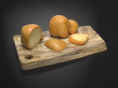 Delicious Fresh Cheese Slices And Whole Pieces On Wooden Serving Board 3d model