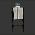 Wooden Bathroom Vanity Table With White Bowl Blue Jug And Hanging Towel