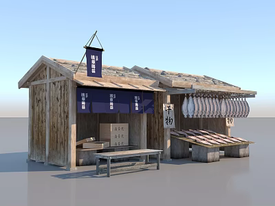 Traditional Wooden Stall With Hanging Fresh Fish Blue Curtains And Benches 3d model