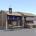 Traditional Wooden Stall With Hanging Fresh Fish Blue Curtains And Benches