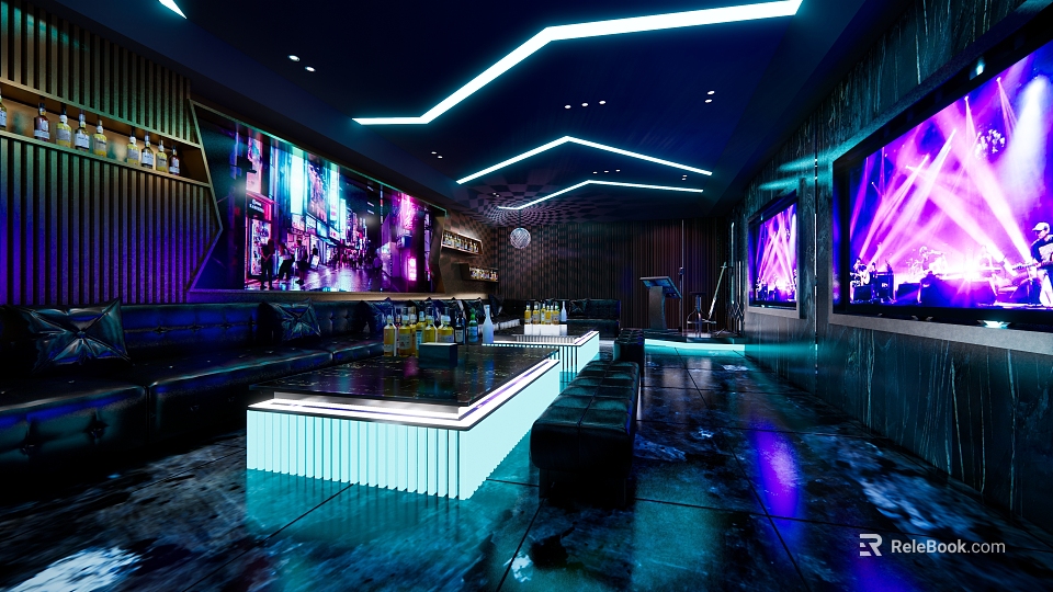 Modern KTV Lounge With Neon Lighting Large Screens Bar Counter And Seating 3d model 