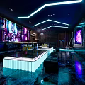 Modern KTV Lounge With Neon Lighting Large Screens Bar Counter And Seating