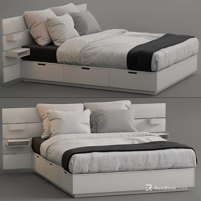 Modern Double Bed Design with Storage Headboard Cozy Pillows White Frame and Black Accent 3d model 