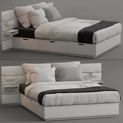 Modern Double Bed Design with Storage Headboard Cozy Pillows White Frame and Black Accent 3d model