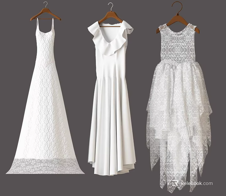 White Dresses Collection with Lace Hem Ruffled Collar and Layered Design 3d model 