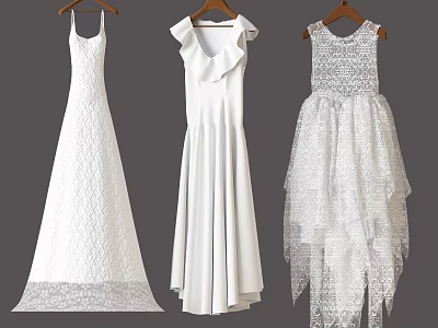 White Dresses Collection with Lace Hem Ruffled Collar and Layered Design 3d model