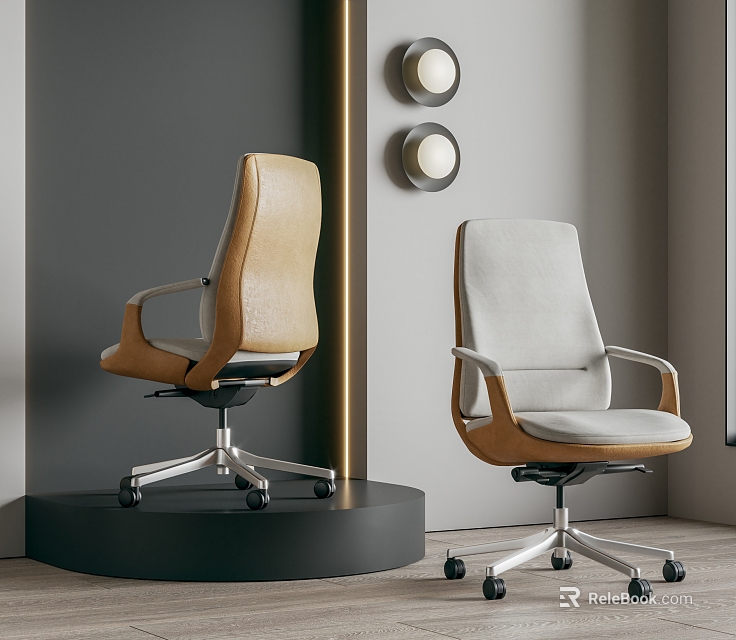 Two Modern Office Chairs Brown and Gray Leather with Armrests Metal Base Wheels 3d model 