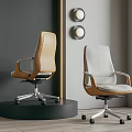 Two Modern Office Chairs Brown and Gray Leather with Armrests Metal Base Wheels