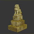 Ancient Stone Lion Statue On Three Tiered Pedestal With Carved Details