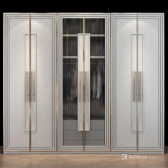 Elegant Modern Wardrobe Design With White Finish Gold Accents Glass Doors Hanging Space And Drawers 3d model 