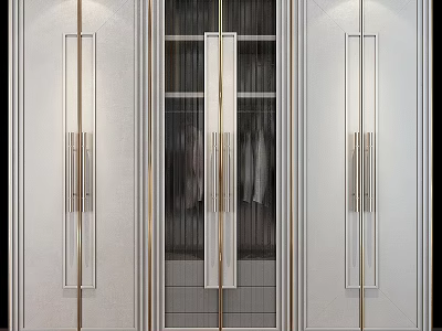 Elegant Modern Wardrobe Design With White Finish Gold Accents Glass Doors Hanging Space And Drawers 3d model