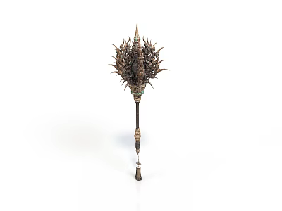 Ornate Decorative Staff With Intricate Metal Spiked Top And Carved Handle Design 3d model
