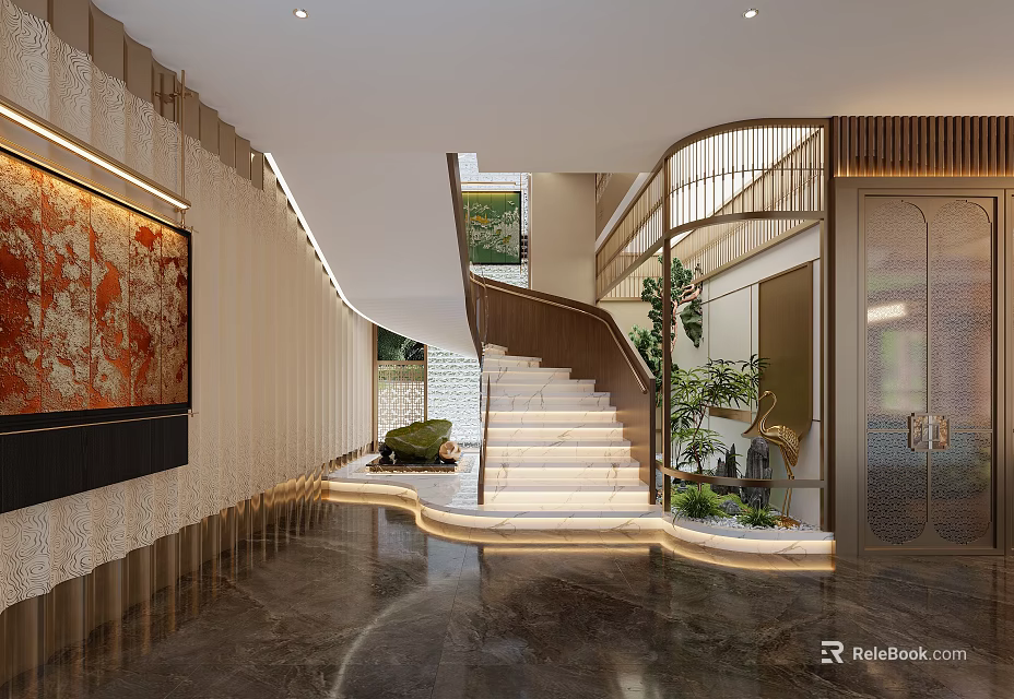 Modern Staircase With Wooden Steps In Elegant Interior Design With Lighting And Green Plants 3d model 
