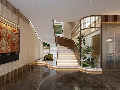 Modern Staircase With Wooden Steps In Elegant Interior Design With Lighting And Green Plants 3d model