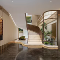 Modern Staircase With Wooden Steps In Elegant Interior Design With Lighting And Green Plants