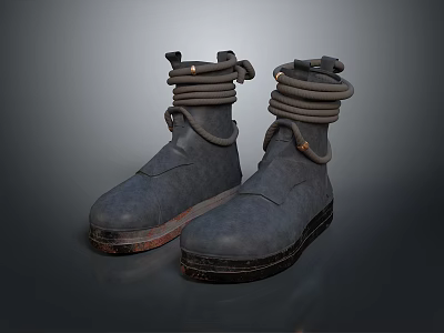 Gray Work Boots With Wrapped Laces And Worn Out Soles For Outdoor Activities 3d model