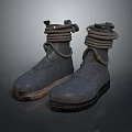 Gray Work Boots With Wrapped Laces And Worn Out Soles For Outdoor Activities