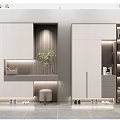Modern Shoe Cabinet Design With White Cabinetry LED Lighting Storage Shelves Green Plant And Stool