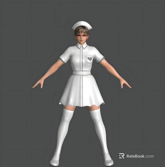 Woman in Nurse Uniform Wearing White Short Sleeved Dress With Cap And Knee High Socks 3d model 