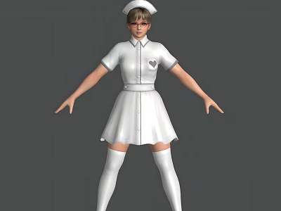 Woman in Nurse Uniform Wearing White Short Sleeved Dress With Cap And Knee High Socks 3d model