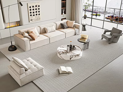 Modern Living Room Sofa and Coffee Table Set With Light Upholstery Marble Top and Cushions 3d model