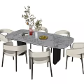 Modern Dining Set With Marble Oval Table And Six White Chairs With Vase 3d model