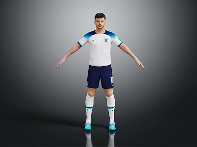 Male Figure In England Football Jersey With White Shirt Blue Shorts White Socks And Blue Shoes 3d model