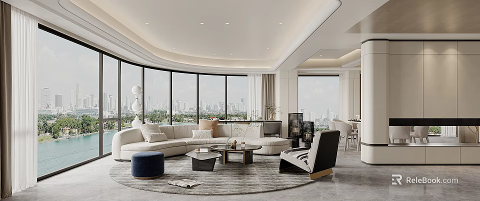 Modern Living Dining Room Interior With Open Layout Sofa Coffee Table And City View Windows 3d model 