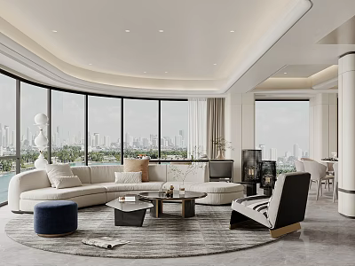 Modern Living Dining Room Interior With Open Layout Sofa Coffee Table And City View Windows 3d model
