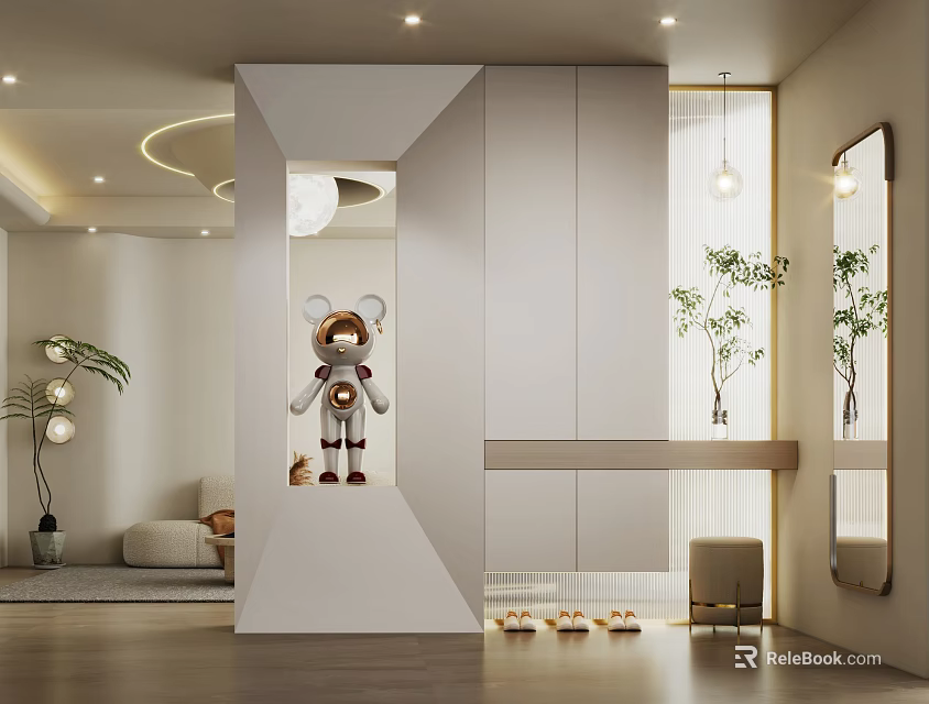 Modern Entryway Hallway Design With White Cabinetry Decorative Bear Mirror And Plants 3d model 