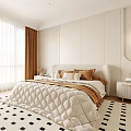 Modern Minimalist Bedroom Interior With Quilted Bed Pillows Bedside Tables And Panel Walls