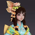 Traditional Japanese Girl Character Wearing Blue Kimono With Large Back Bow And Flower Hair Ornaments