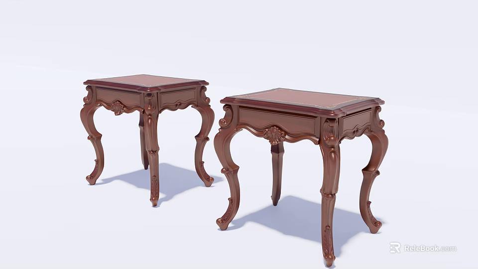Two Ornate Wooden Side Tables With Carved Details And Curved Legs 3d model 