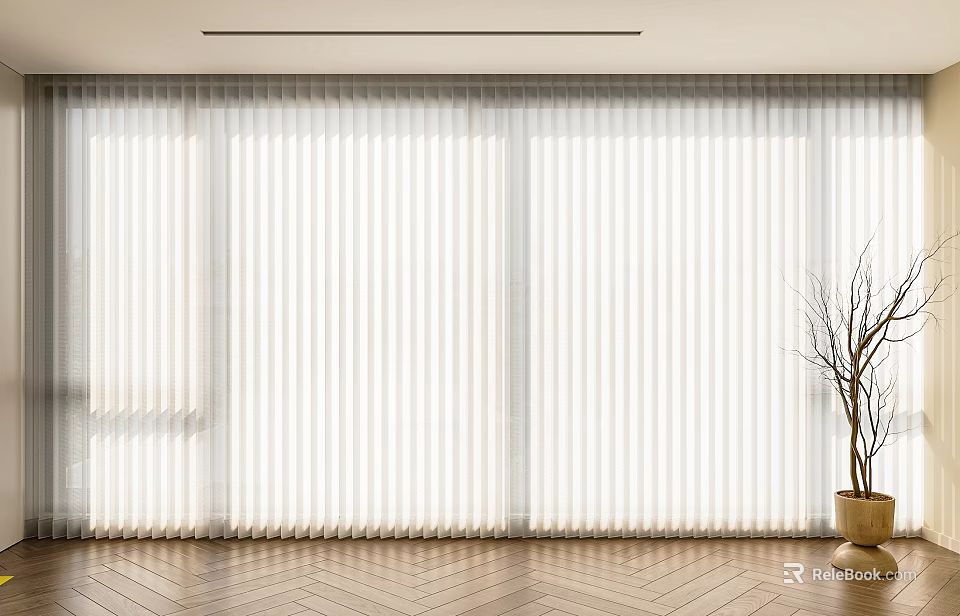 White Window Blinds In Modern Interior With Wooden Floor And Potted Plant 3d model 