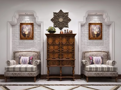 Traditional Decorative Cabinet With Striped Armchairs Decorative Paintings Wall Lamps And Geometric Pattern Floor Tiles 3d model