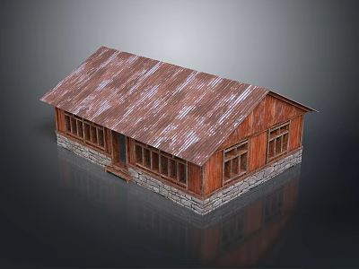 Wooden House Featuring Weathered Metal Roof Wooden Walls Stone Base And Windows 3d model