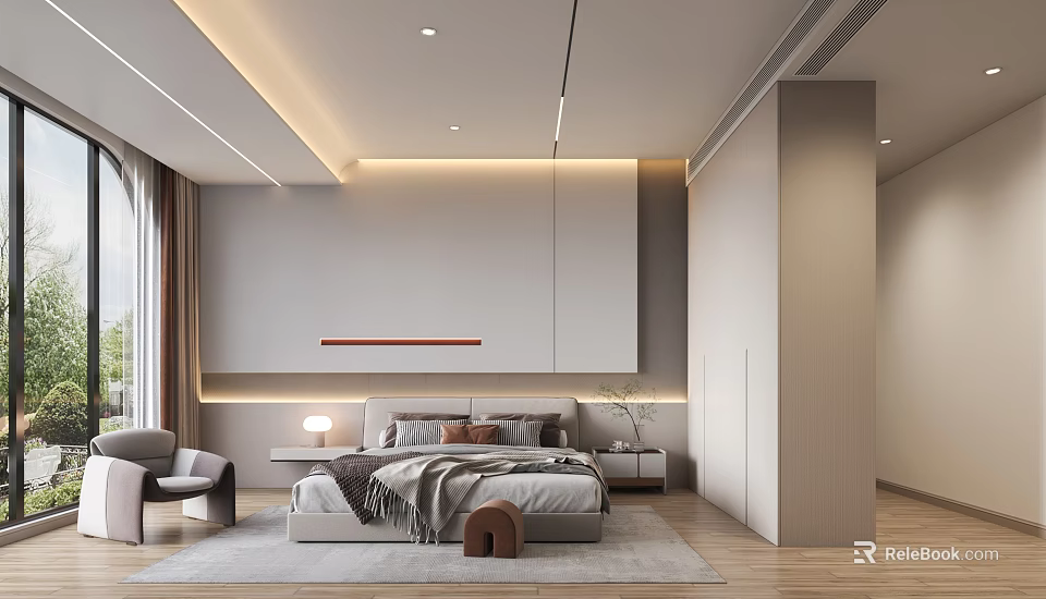 Modern Bedroom Interior Design With Platform Bed Recessed Lighting And Area Rug 3d model 