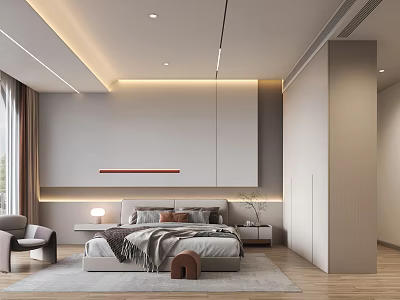 Modern Bedroom Interior Design With Platform Bed Recessed Lighting And Area Rug 3d model