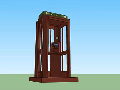 Public Telephone Booth With Brown Wooden Structure Glass Panels And Top Telephone Sign 3d model