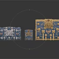 Blue And Gold Decorative Chests In Different Sizes With Elaborate Patterns And Metal Accents