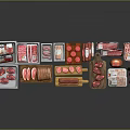 Assorted Meat Products Display With Sliced Meat Sausages Ham On Trays And Wooden Cutting Boards