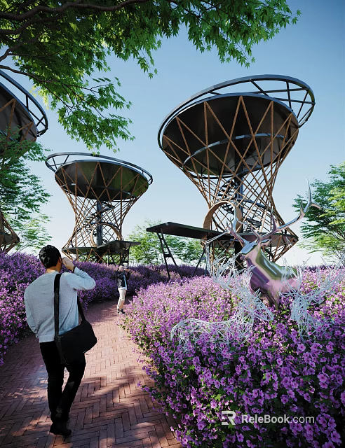 Scenic Road Facilities Featuring Observation Platforms Purple Flower Bushes And Deer Sculpture 3d model 