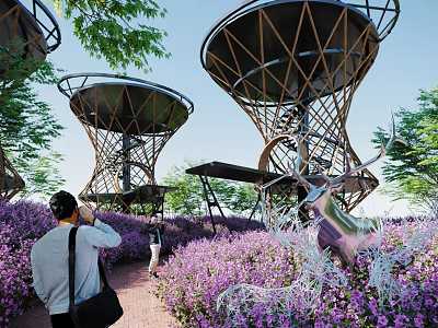 Scenic Road Facilities Featuring Observation Platforms Purple Flower Bushes And Deer Sculpture 3d model